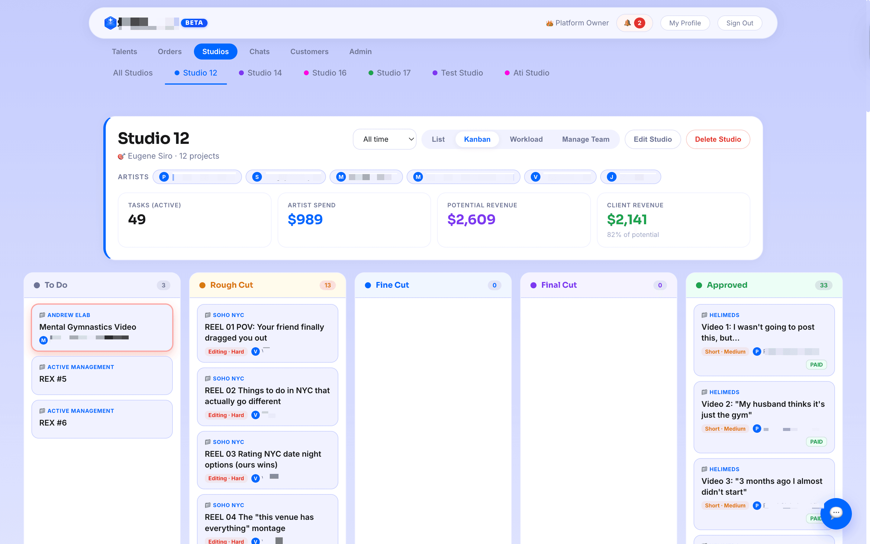 Studio dashboard with project kanban board