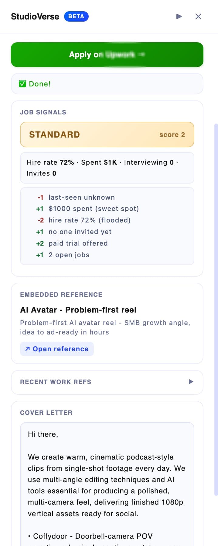 Sidebar on the job page with the generated proposal draft