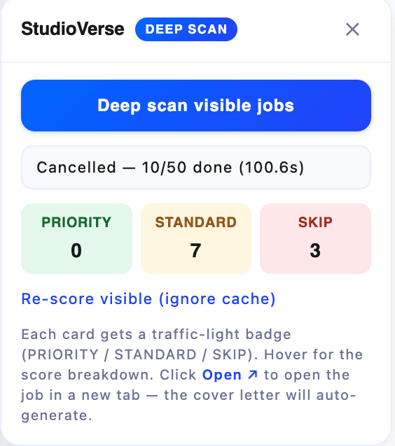 Sidebar on the search results page showing scanner state and controls